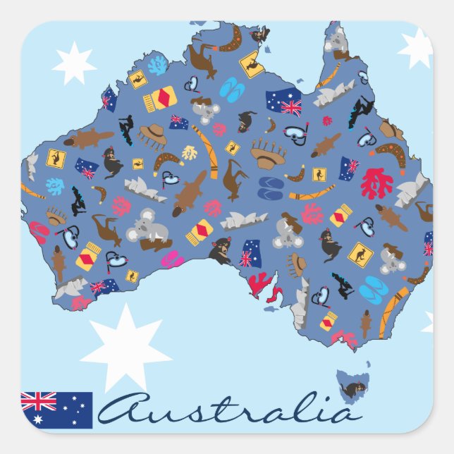 Australian map with cultural items square sticker (Front)