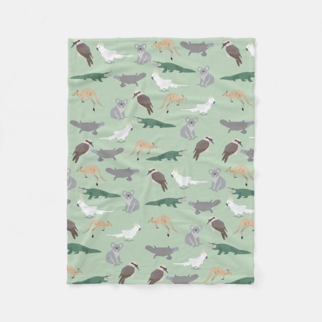 Australian Native Animals Eucalyptus Green Pattern Fleece Blanket (Front)