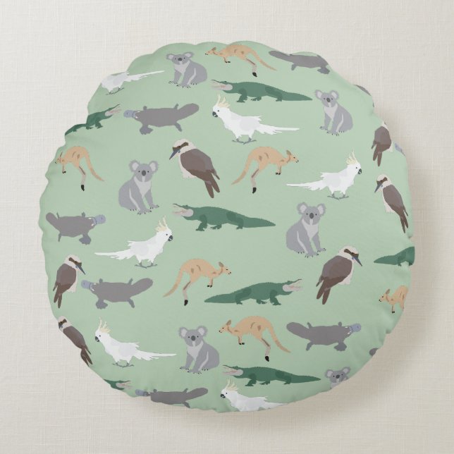 Australian Native Animals Eucalyptus Green Pattern Round Cushion (Front)