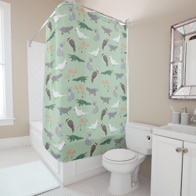 Australian Native Animals Eucalyptus Green Pattern Shower Curtain (In Situ)
