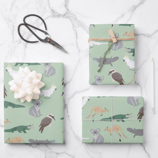 Australian Native Animals Eucalyptus Green Pattern Wrapping Paper Sheet ...