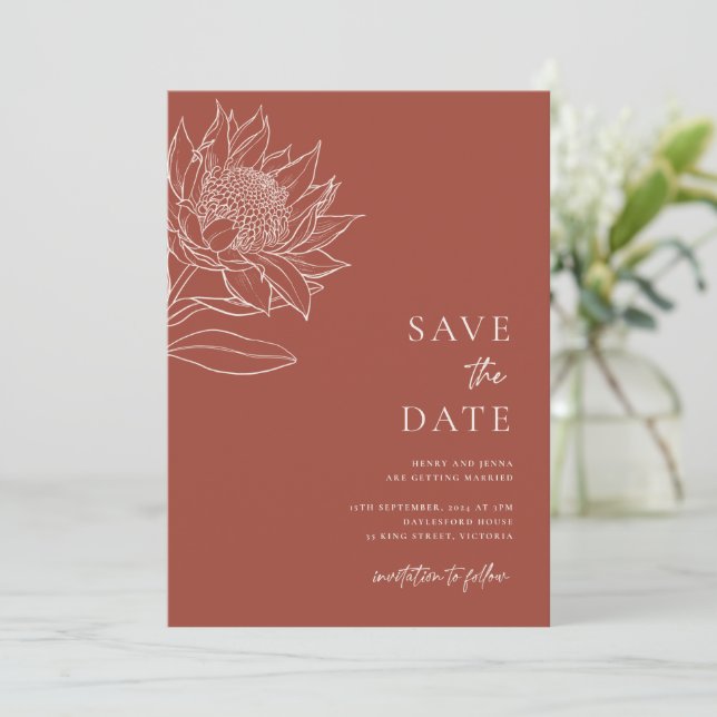 Australian Native Botanicals Waratah Protea Save The Date (Standing Front)
