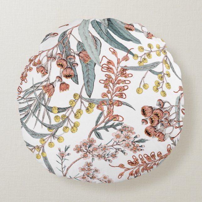 Australian native flowers. Seamless pattern black  Round Cushion (Front)