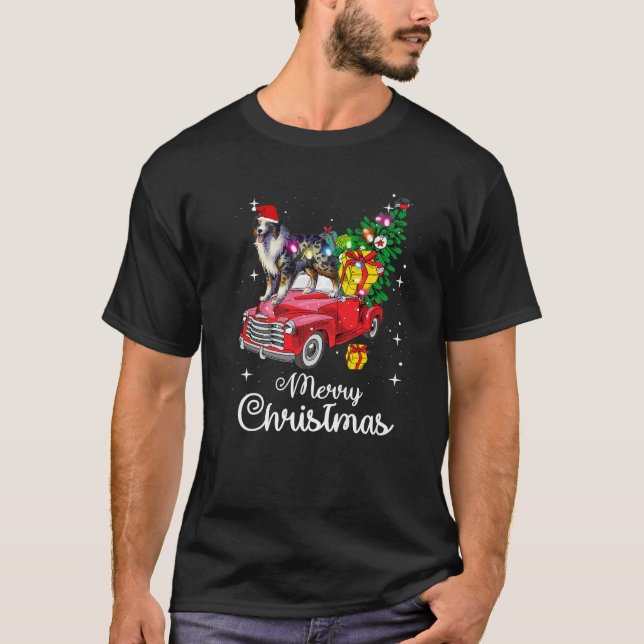 Australian Sheepdog Ride Red Truck Christmas Funny T-Shirt (Front)
