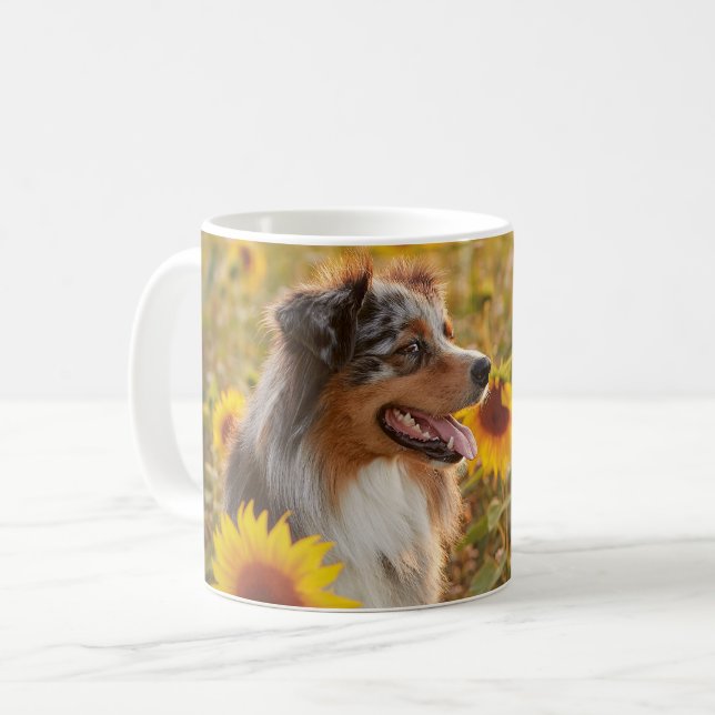 Australian Shepherd and Sunflowers  Coffee Mug (Front Left)