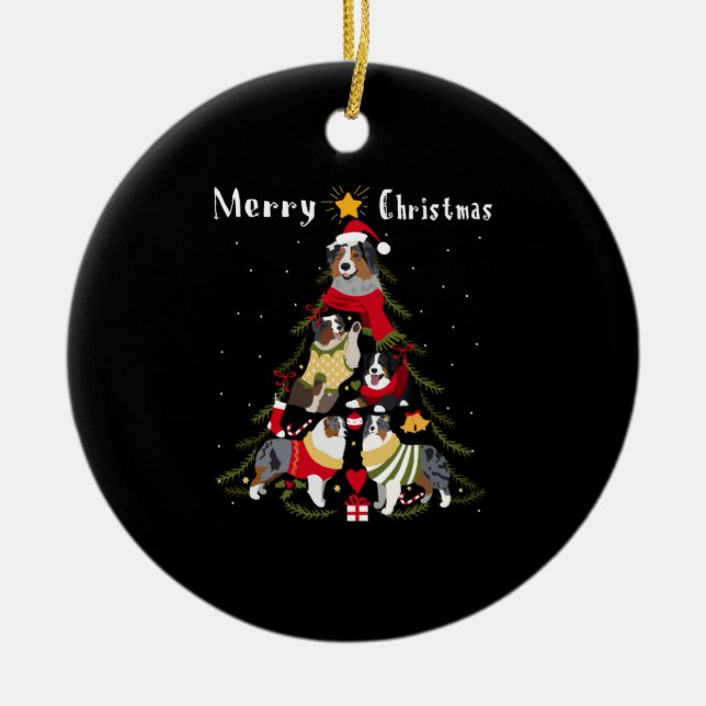 Australian Shepherd Aussie Christmas Tree Xmas Dog Ceramic Ornament (Front)