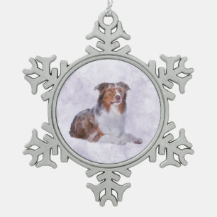 Australian Shepherd - Aussie Watercolor Digital Ar Snowflake Pewter Christmas Ornament