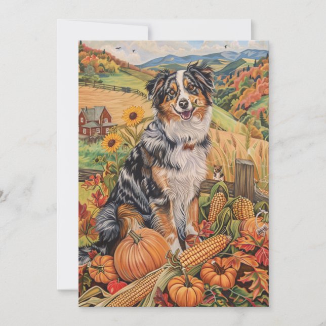 Australian Shepherd Autumn Harvest Thanksgiving Holiday Card (Front)