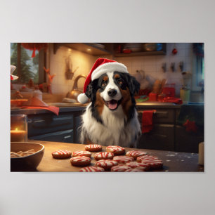 Australian Shepherd Baking Christmas Cookies Poster