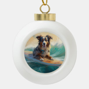 Australian Shepherd Beach Surfing Painting Ceramic Ball Christmas Ornament