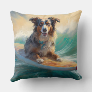 Australian Shepherd Beach Surfing Painting Cushion
