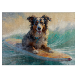 Australian Shepherd Beach Surfing Painting Cutting Board