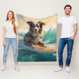 Australian Shepherd Beach Surfing Painting Fleece Blanket