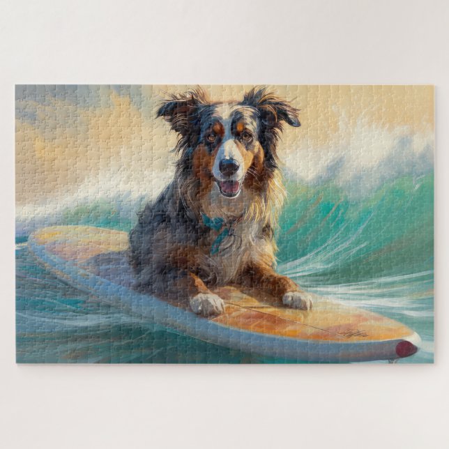 Australian Shepherd Beach Surfing Painting Jigsaw Puzzle (Horizontal)