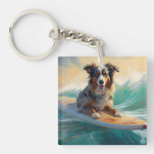 Australian Shepherd Beach Surfing Painting Key Ring