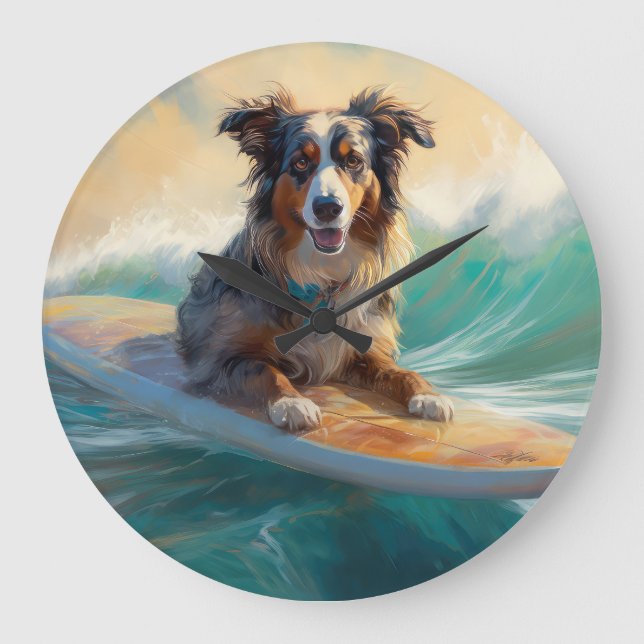 Australian Shepherd Beach Surfing Painting Large Clock (Front)