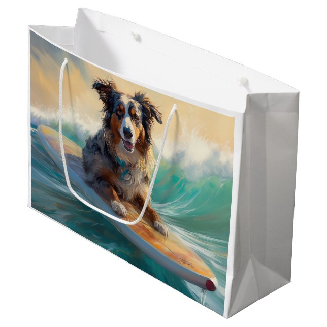 Australian Shepherd Beach Surfing Painting Large Gift Bag (Front Angled)