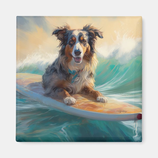 Australian Shepherd Beach Surfing Painting Magnet (Front)