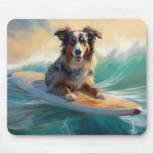Australian Shepherd Beach Surfing Painting Mouse Pad
