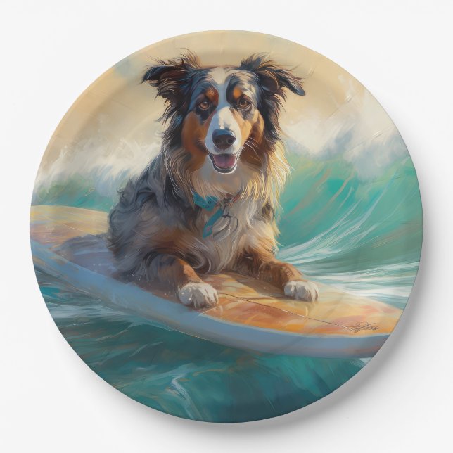 Australian Shepherd Beach Surfing Painting Paper Plate (Front)