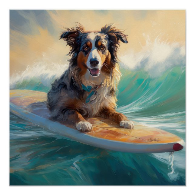 Australian Shepherd Beach Surfing Painting Poster (Front)