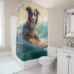 Australian Shepherd Beach Surfing Painting Shower Curtain