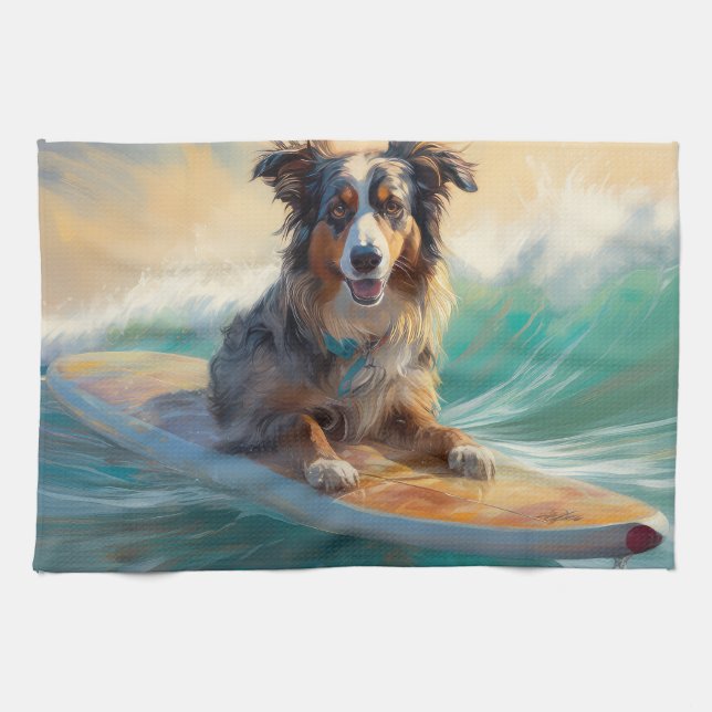 Australian Shepherd Beach Surfing Painting Tea Towel (Horizontal)
