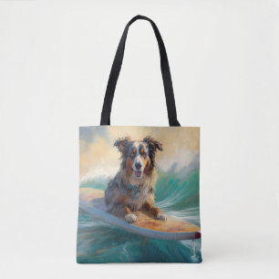 Australian Shepherd Beach Surfing Painting Tote Bag