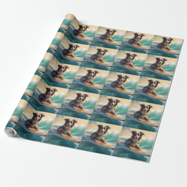 Australian Shepherd Beach Surfing Painting Wrapping Paper (Unrolled)