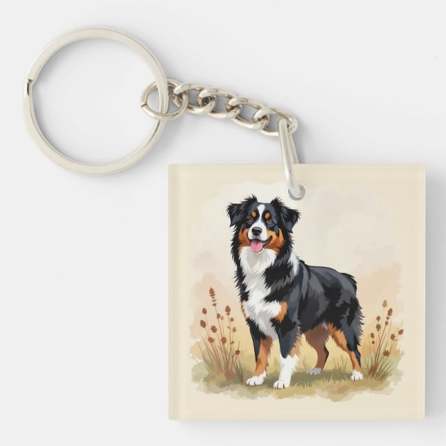 Australian Shepherd Black Tricolor Aussie Dog Key Ring (Front)
