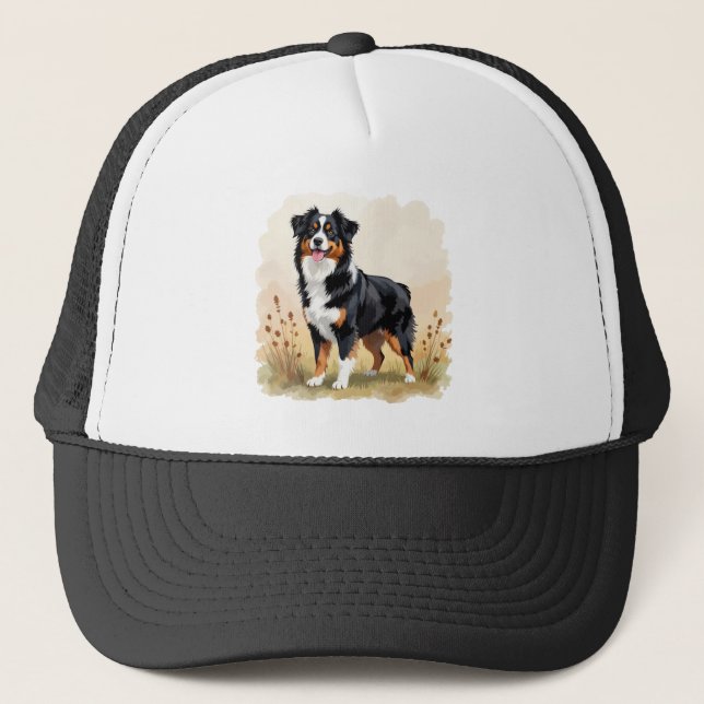 Australian Shepherd Black Tricolor Aussie Dog Trucker Hat (Front)