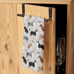 Australian Shepherd Bones and Paws Grey Tea Towel