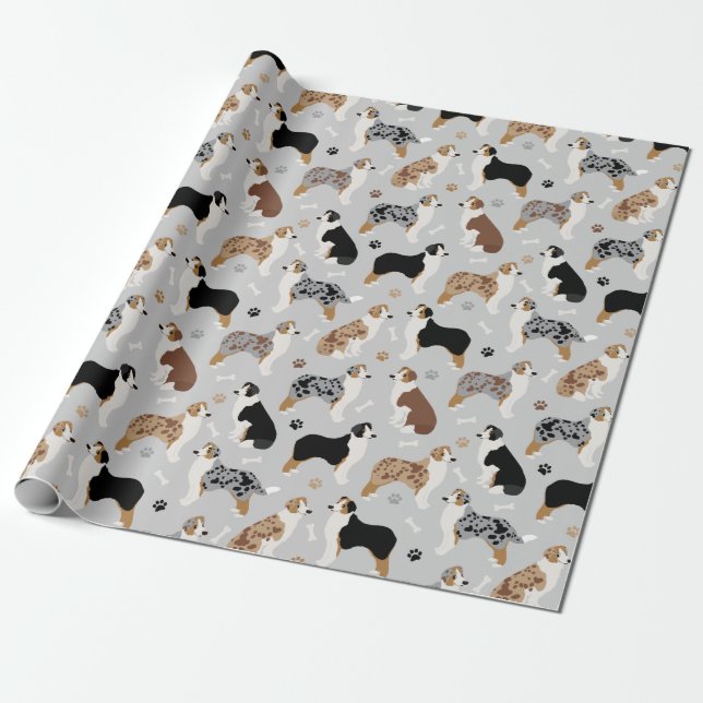 Australian Shepherd Bones and Paws Wrapping Paper (Unrolled)