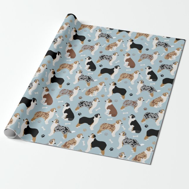 Australian Shepherd Bones and Paws Wrapping Paper (Unrolled)