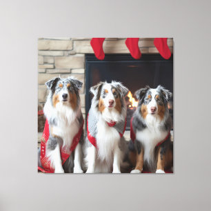 Australian Shepherd by the Fireplace Christmas Canvas Print
