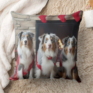 Australian Shepherd by the Fireplace Christmas Cushion