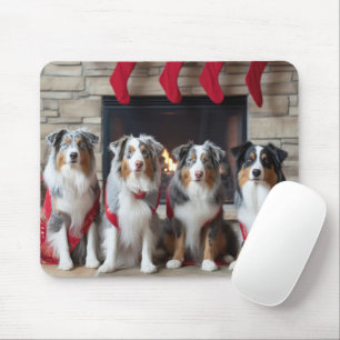 Australian Shepherd by the Fireplace Christmas Mouse Pad