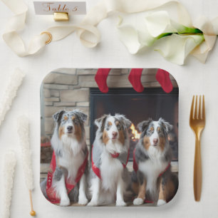 Australian Shepherd by the Fireplace Christmas Paper Plate