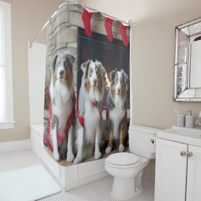 Australian Shepherd by the Fireplace Christmas Shower Curtain (In Situ)