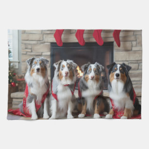 Australian Shepherd by the Fireplace Christmas Tea Towel