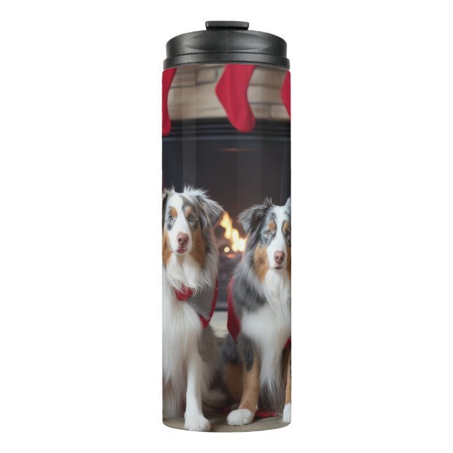 Australian Shepherd by the Fireplace Christmas Thermal Tumbler (Front)