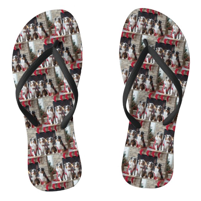 Australian Shepherd by the Fireplace Christmas Thongs (Footbed)