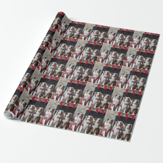 Australian Shepherd by the Fireplace Christmas Wrapping Paper (Unrolled)