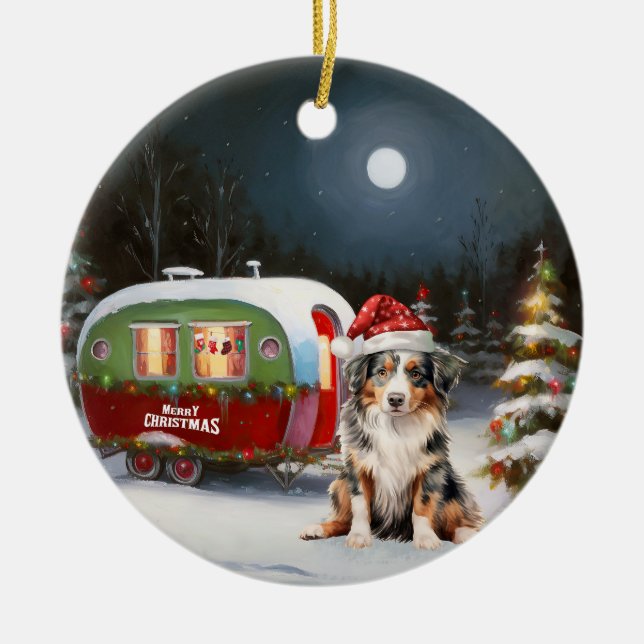 Australian Shepherd Caravan Christmas Adventure Ceramic Ornament (Front)