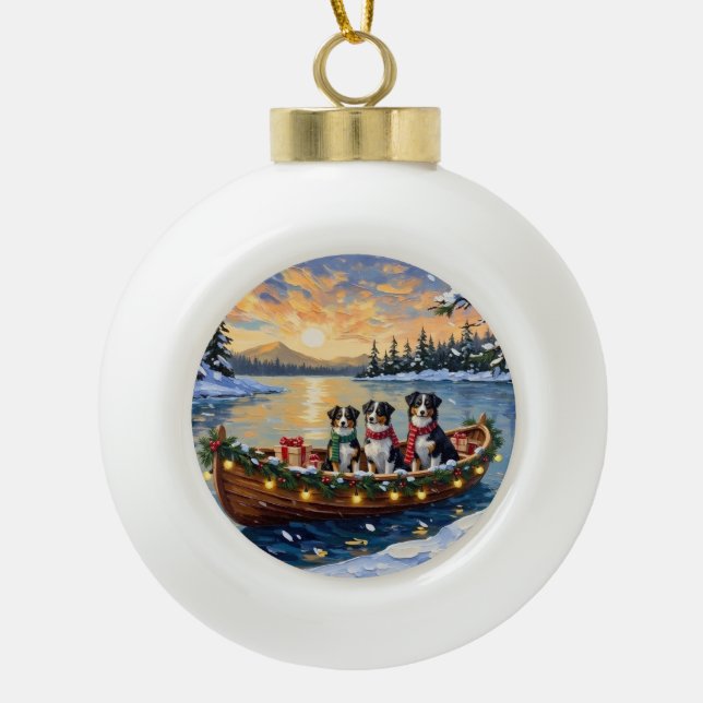 Australian Shepherd Christmas Boat Holiday Ceramic Ball Christmas Ornament (Front)