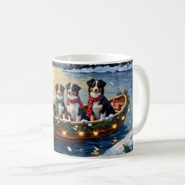 Australian Shepherd Christmas Boat Holiday Coffee Mug (Front Right)