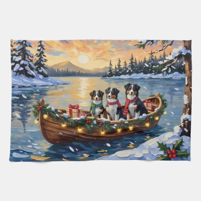 Australian Shepherd Christmas Boat Holiday Tea Towel (Horizontal)
