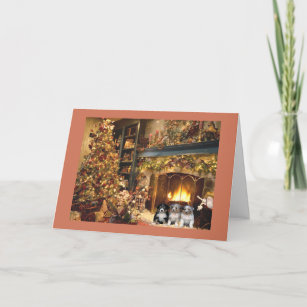 Australian Shepherd Christmas Card Fireplace