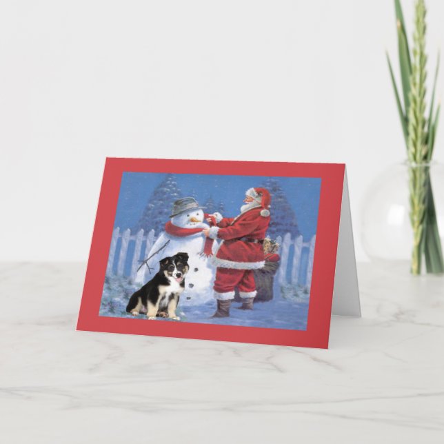 Australian Shepherd Christmas Card Santa and Snowm (Front)