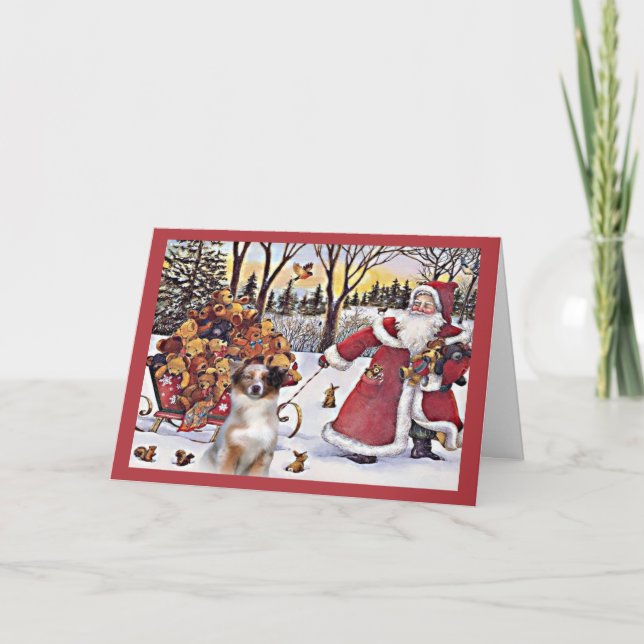 Australian Shepherd Christmas Card Santa Bears In (Front)